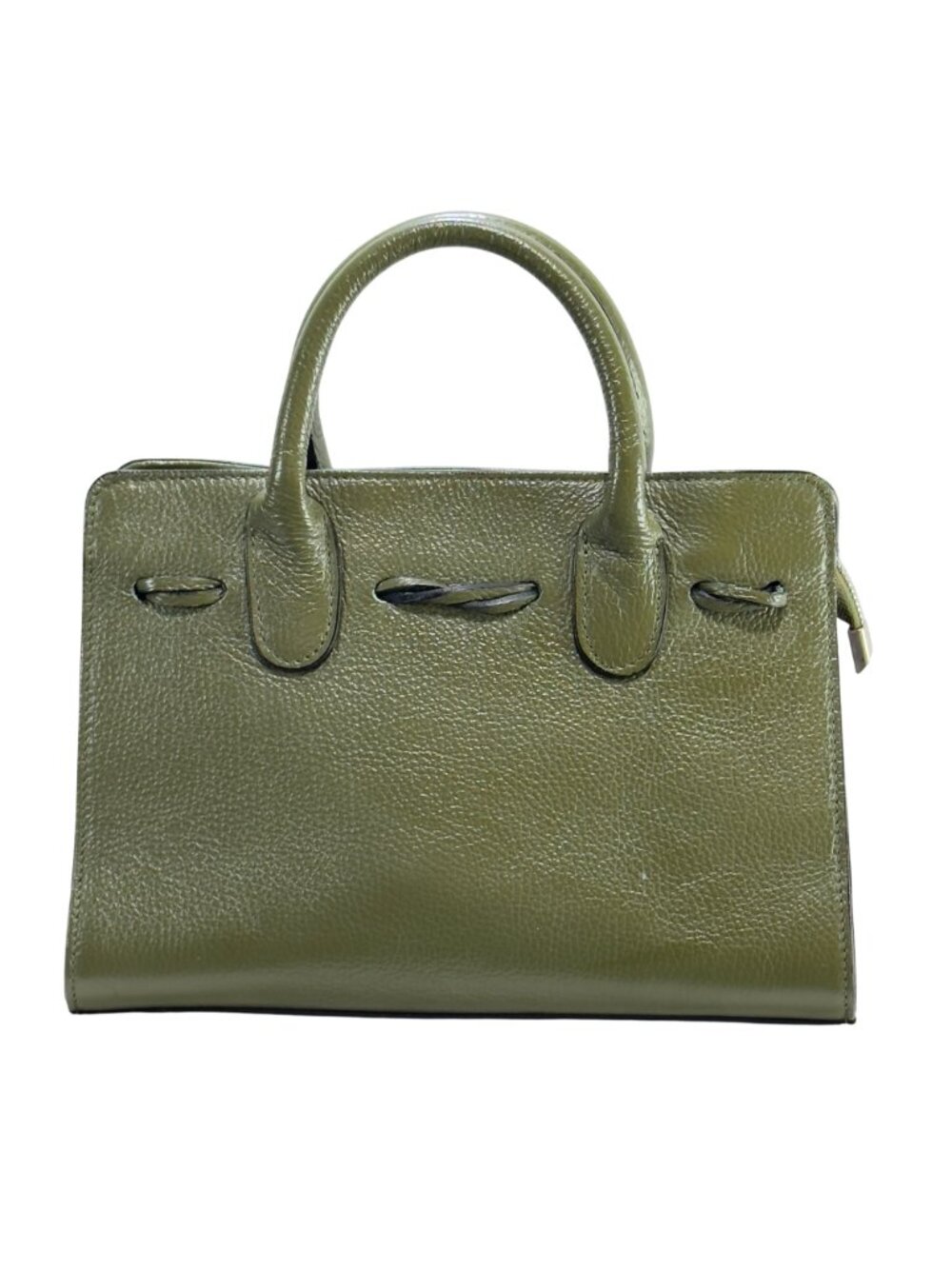 Green Pebbled Italian Leather Handbag Dual Handles Zip Closure - Picture 2 of 10
